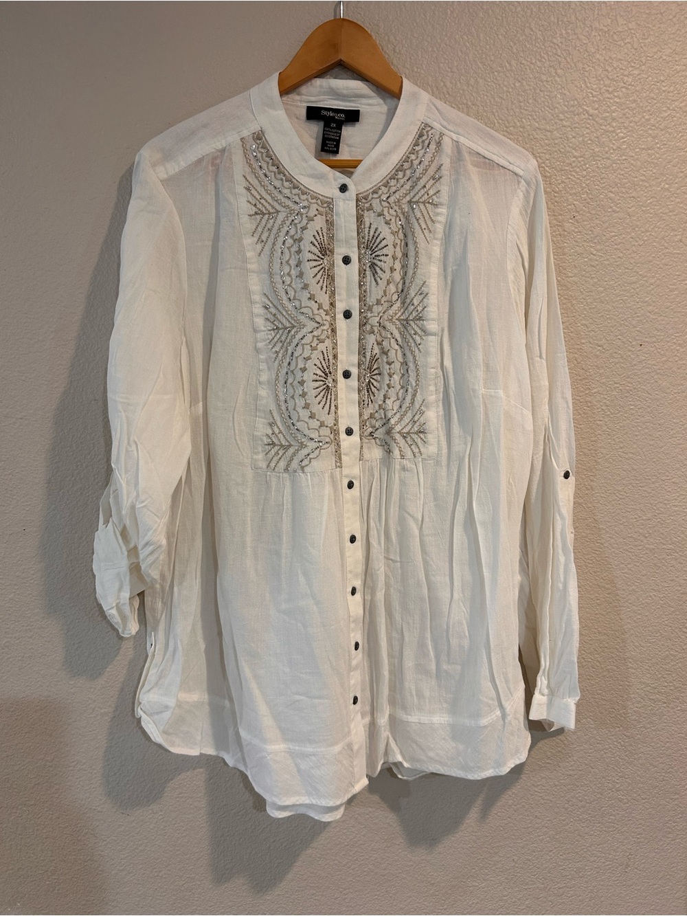 Style & Co, 2X , White 100% Cotton Long Sleeve Shirt with Beaded bodice